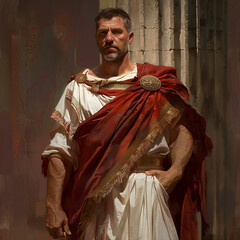 Roman man in traditional toga outfit standing against ancient architectural background. Historical re-enactment, period drama, educational content, ancient Roman culture studies.