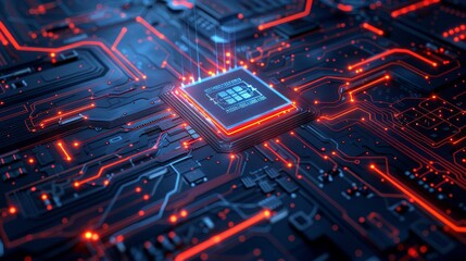 Poster - A detailed shot of a spaceage microchip on a glowing circuit board, emblematic of cuttingedge technology