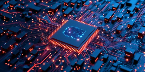 Poster - A detailed shot of a spaceage microchip on a glowing circuit board, emblematic of cuttingedge technology
