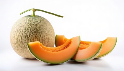 Wall Mural - North American cantaloupe or musk melon, rock melon,  spanspek - Cucumis melo - is a type of true melon, eaten as a fresh fruit, as a salad, or as a dessert with ice cream or custard isolated on white