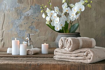 Wall Mural - Bathroom interior with white towels, toiletries