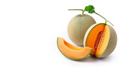 Wall Mural - North American cantaloupe or musk melon, rock melon,  spanspek - Cucumis melo - is a type of true melon, eaten as a fresh fruit, as a salad, or as a dessert with ice cream or custard isolated on white