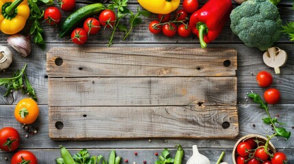 Poster - Fresh vegetables on old wooden board for healthy eating background from above