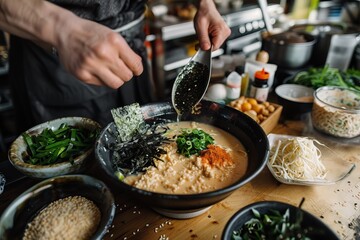 Chef preparing a bowl of ramen with toppings in a kitchen