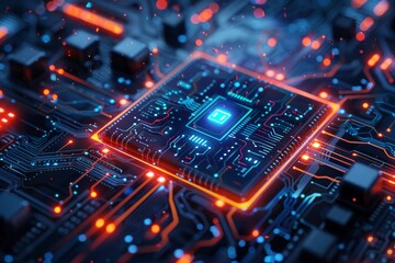 Poster - A detailed shot of a spaceage microchip on a glowing circuit board, emblematic of cuttingedge technology