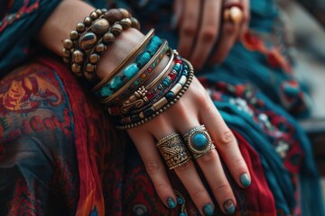 Wall Mural - Fashion Bracelets. Woman's Hand Closeup with Beautiful Jewelry Rings and Stylish Bracelets