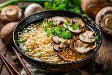 Bowl of mushroom ramen noodles with sesame seeds and green onions