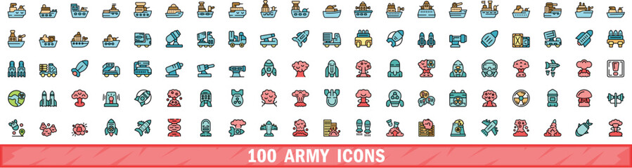 Poster - 100 army icons set. Color line set of army vector icons thin line color flat on white