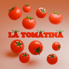 Wall Mural - La Tomatina Festival, Background for Poster or Banner with Tomatoes. Annual Summer Traditional Spanish Holidays, Celebration of Harvest. Cartoon 3d render Illustration.