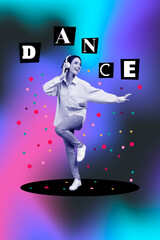 Sticker - Vertical poster collage young cheerful woman dance meloman headphones music disco entertainment album playlist listener