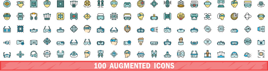 Poster - 100 augmented icons set. Color line set of augmented vector icons thin line color flat on white