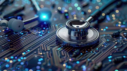 Poster - electronic medical technology concept. digital health technology. stethoscope on a digital circuit b