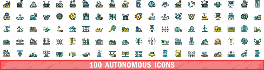 Poster - 100 autonomous icons set. color line set of autonomous vector icons thin line color flat on white