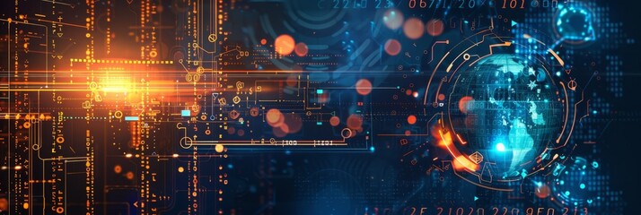 Poster - High-tech futuristic interface with data visualization, world map, digital circuits, and glowing elements.