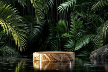 Poster - Wooden podium on dark background with palm leaves.