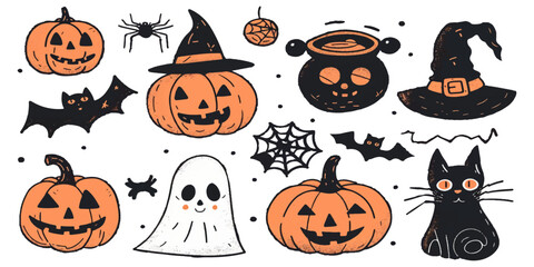 Wall Mural - Set of Halloween illustrations on white background.