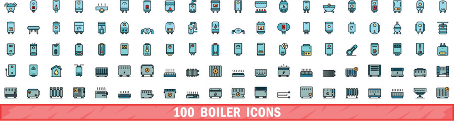 Poster - 100 boiler icons set. Color line set of boiler vector icons thin line color flat on white