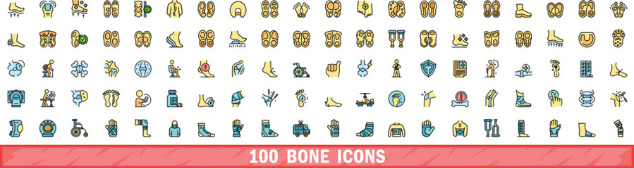 Poster - 100 bone icons set. Color line set of bone vector icons thin line color flat on white