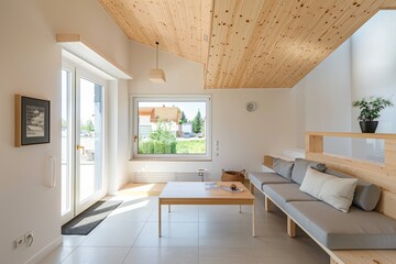 Interior of a modern house, living room with a wooden sofa