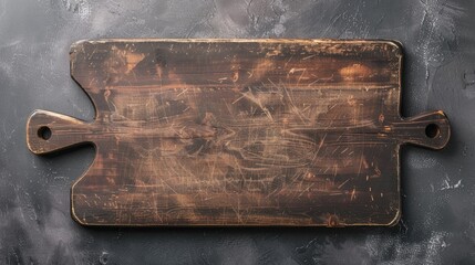 Canvas Print - Vintage top view of rustic dark wooden cutting board on grey background