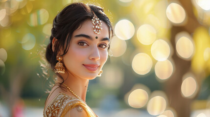 Wall Mural - close up of young indian woman wearing luxurious jewelry