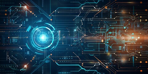 Poster - An abstract cyber space with digital circuits, a neural network core, and futuristic tech creating a glowing background