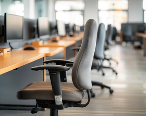 Empty office workspace featuring ergonomic chairs and computer desks, representing a modern professional environment.