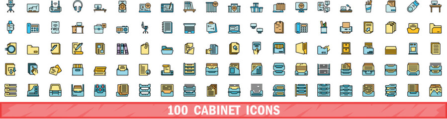 Poster - 100 cabinet icons set. color line set of cabinet vector icons thin line color flat on white