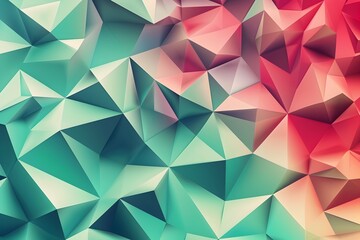 Poster - A background of colorful geometric shapes in various shades, creating an abstract and vibrant pattern. The colors range from deep reds to soft greens, with the triangles pointing towards the bottom le