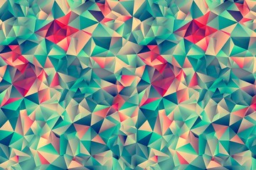 Poster - A background of colorful geometric shapes in various shades, creating an abstract and vibrant pattern. The colors range from deep reds to soft greens, with the triangles pointing towards the bottom le