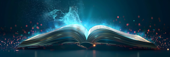 Canvas Print - Futuristic technology low polygonal glowing open book isolated on dark background. 