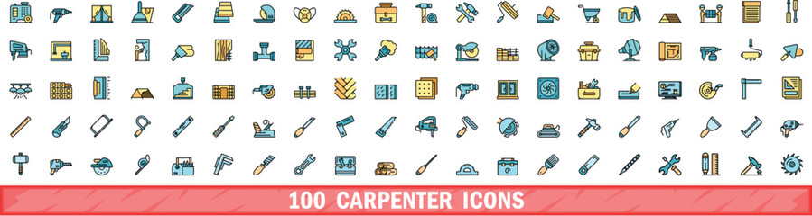 Poster - 100 carpenter icons set. Color line set of carpenter vector icons thin line color flat on white