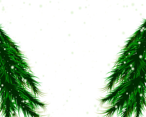 Fir tree background with winter snowfall, pine leaves frame decoration border