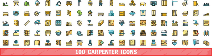 Poster - 100 carpenter icons set. Color line set of carpenter vector icons thin line color flat on white