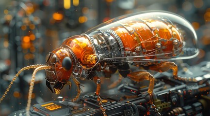 Poster - A futuristic, highly detailed 3D rendering of a cyborg insect. The insect is composed of intricate gears, wires, and transparent, orange-tinted armor. Its body is visible through the glass, revealin