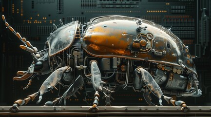 Poster - A detailed 3D rendering of a steampunk beetle, rendered in a futuristic cyberpunk setting. The beetle's metallic exoskeleton is covered in intricate details and gears, showcasing a blend of technolo