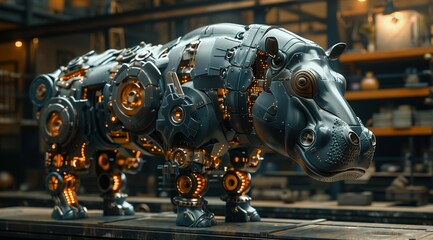 Poster - A 3D rendering of a mechanical hippopotamus, constructed from intricate gears, metal plates, and glowing lights. It stands on a wooden platform, with a blurred background of a workshop or factory se
