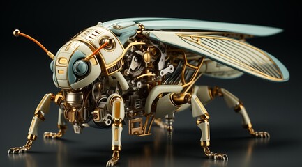 Poster - This 3D rendered image showcases a intricately detailed steampunk insect robot, crafted from polished brass and ivory-colored metal. Its intricate gears and mechanisms gleam under studio lighting, e