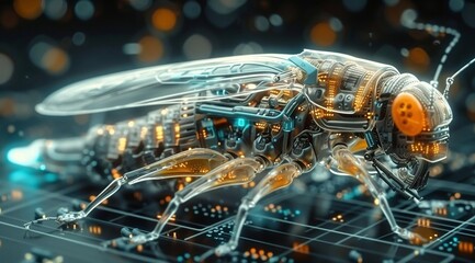 Poster - A futuristic and abstract image depicting a cyborg insect, with mechanical and biological elements, standing on a digital circuitry surface. The insect's body is made of transparent, translucent, an