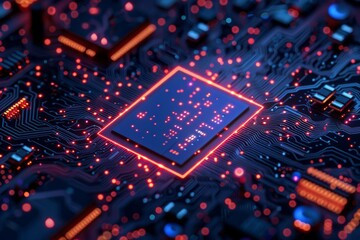 Poster - A detailed shot of a spaceage microchip on a glowing circuit board, emblematic of cuttingedge technology