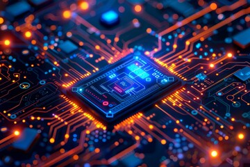 Poster - A visual featuring a microchip on a circuit board, symbolizing technological advancement and digital innovation