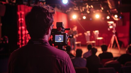 Poster - A cameraman films a live performance on stage, capturing the action with a professional camera. The stage is lit with bright spotlights, and there is an audience in the background.