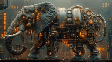 Poster - This captivating image showcases a majestic elephant rendered in a steampunk style, its body intricately crafted with gears, pipes, and glowing lights. The elephant is standing in a futuristic city,
