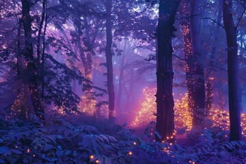 Poster - Magical woodland scene with purple lighting and twinkling lights