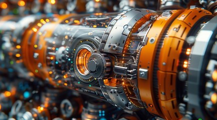 Poster - A close-up shot of a futuristic machine's intricate gears and components. The image captures the complex design and technological advancements of modern machinery. The vibrant orange and silver tone