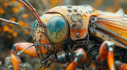 Poster - A close-up of a mechanical insect, its intricate details and weathered surface showcase a blend of nature and technology. The image evokes a sense of wonder and curiosity, highlighting the beauty of