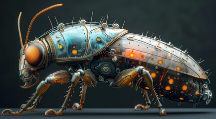 Poster - A stunning 3D rendering of a cyborg insect, showcasing intricate details and a futuristic aesthetic. The insect's body is a blend of organic and mechanical elements, with glowing lights and exposed