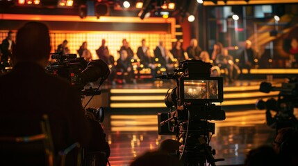 Aufkleber - two cameramen filming a stage performance in a darkened studio with a warm, golden backdrop.
