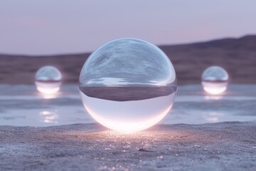 Poster - Surreal glass sphere reflecting sunset over serene lake