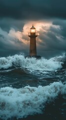 Wall Mural - Dramatic lighthouse in stormy ocean